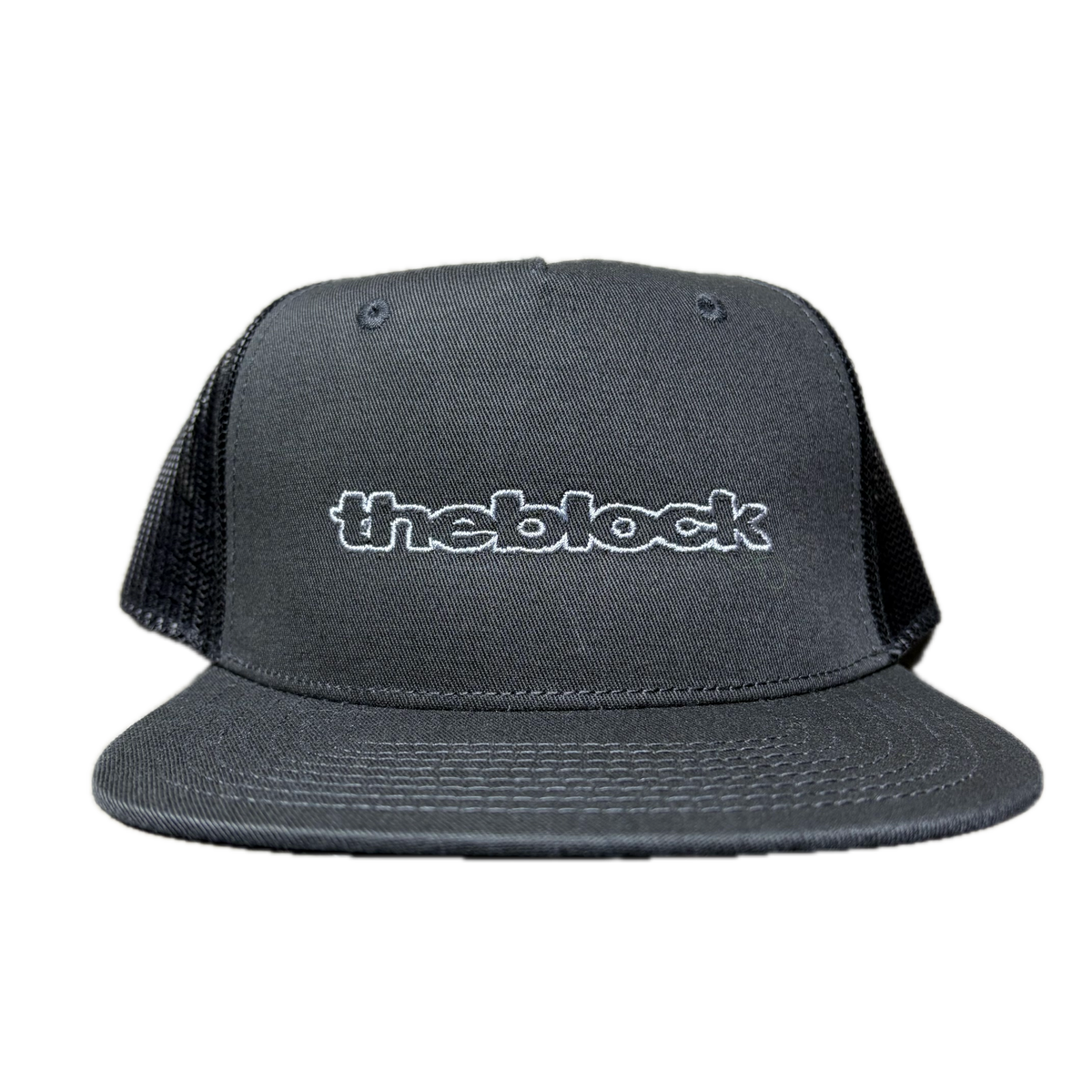 Block - Bold Logo Flat Bill Trucker Hat - Black / Grey