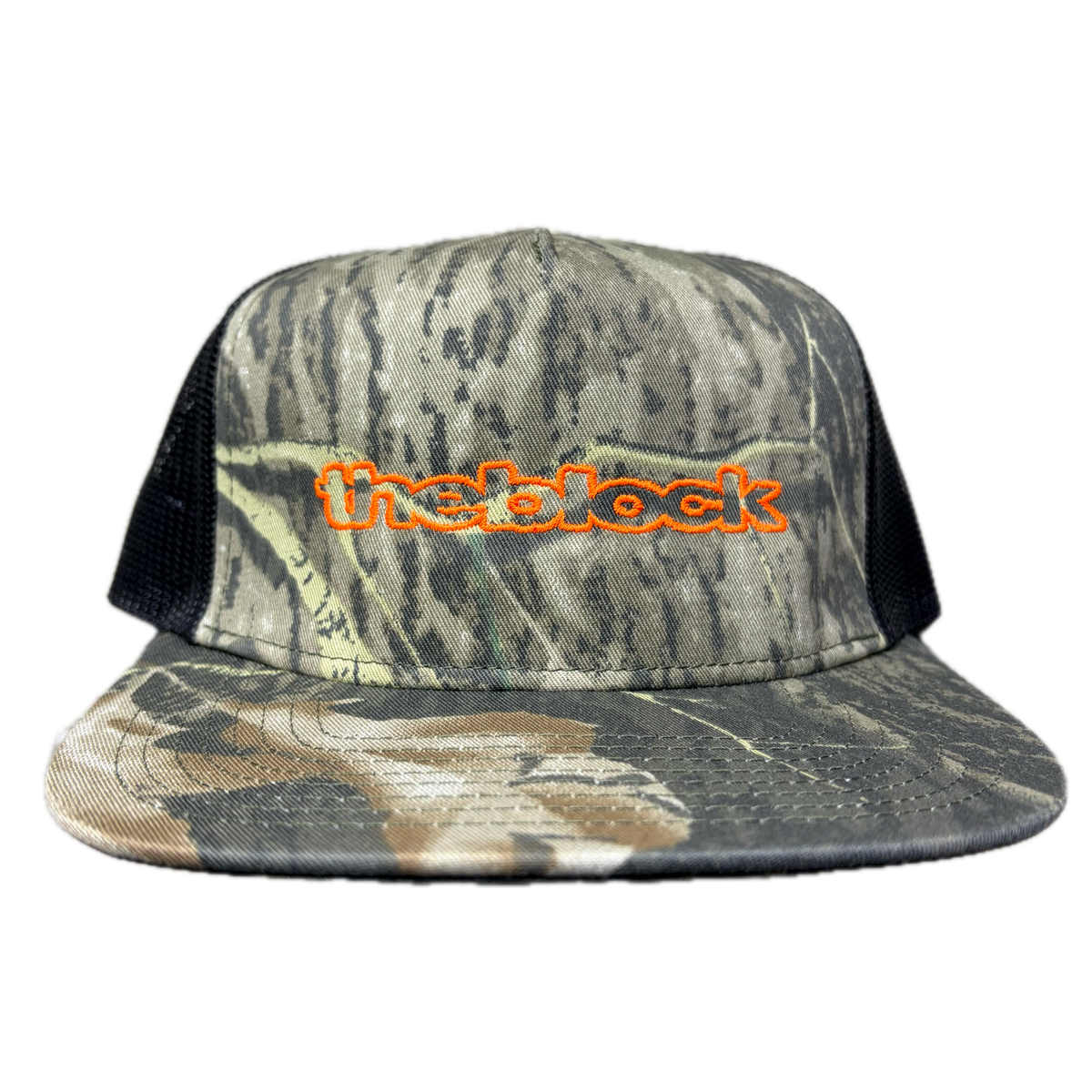 Block - Bold Logo Flat Bill Trucker Hat - Black / Woodland Camo