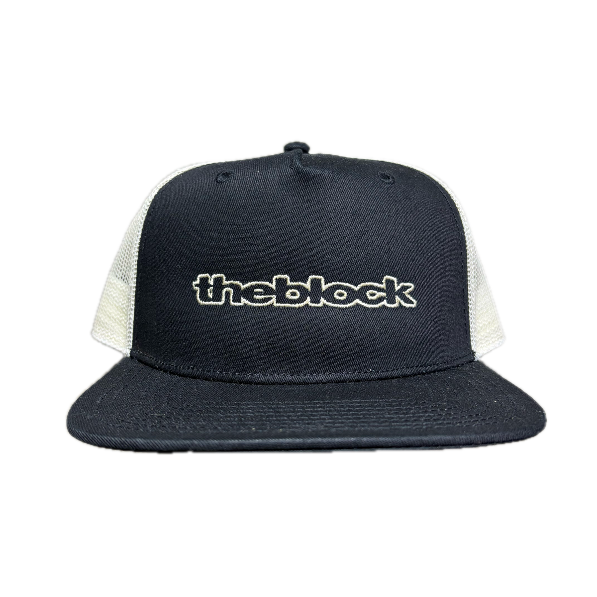 Block - Bold Logo Flat Bill Trucker Hat - Cream / Black