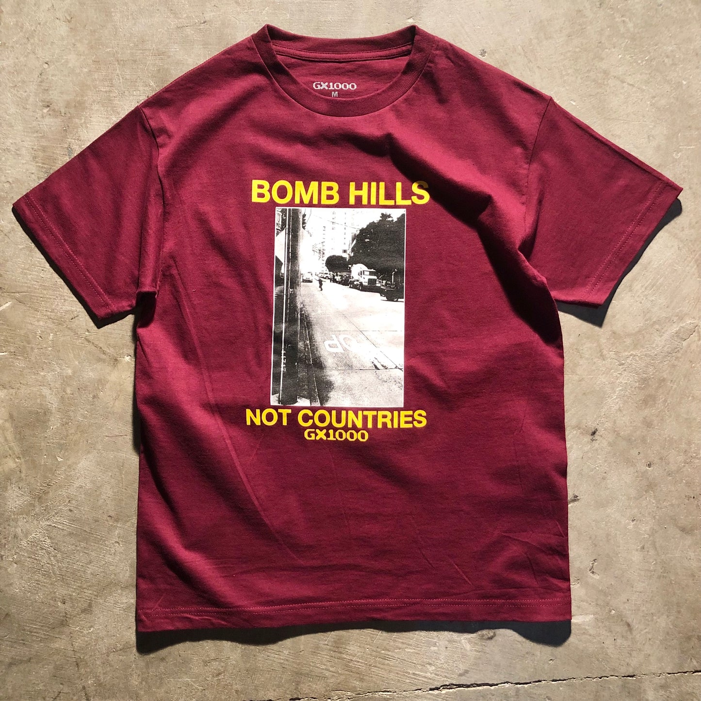 GX1000 - Bomb Hills Not Countries Tee - Burgundy / Yellow
