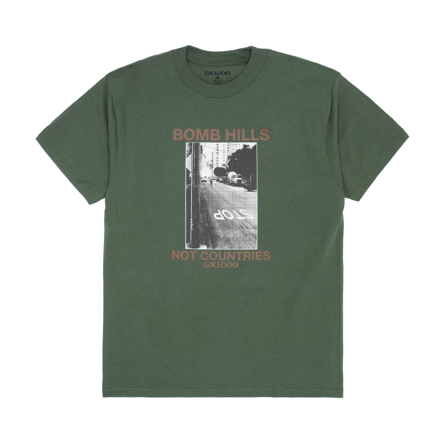 GX1000 - Bomb Hills Not Countries T-Shirt - Desert Green / Brown Font