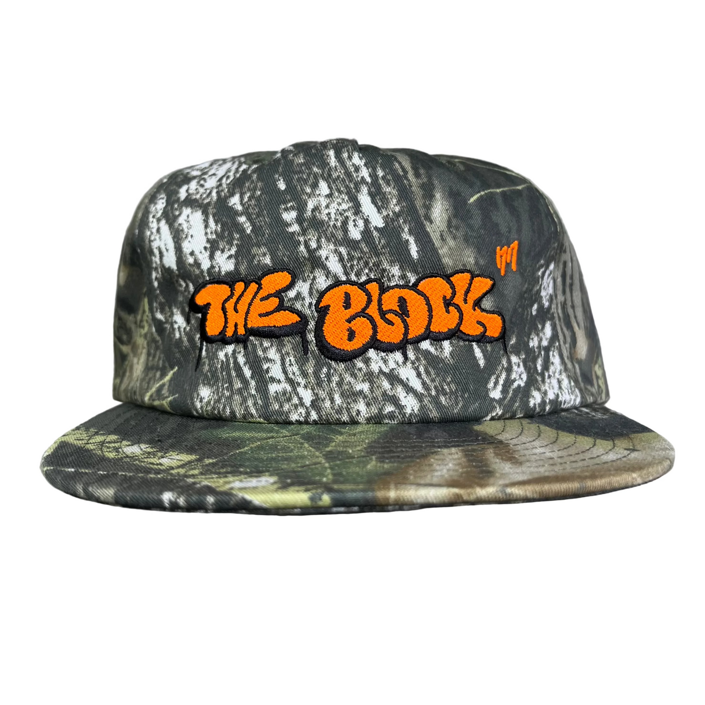 Block - Graffiti Logo Snapback Hat - Woodland Camo/Orange
