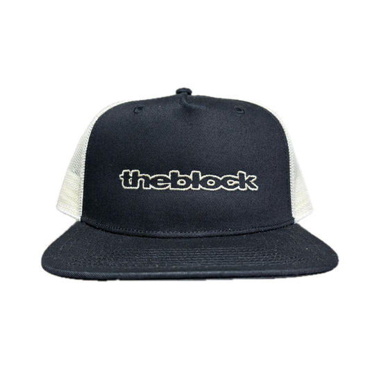 Block - Bold Logo Flat Bill Trucker Hat - Cream / Black