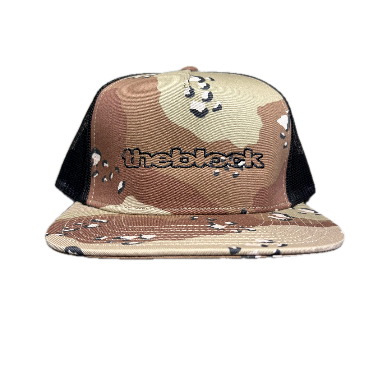 Block - Bold Logo Flat Bill Trucker Hat - Desert Camo / Black