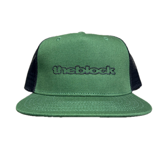 Block - Bold Logo Flat Bill Trucker Hat - Forest Green / Black