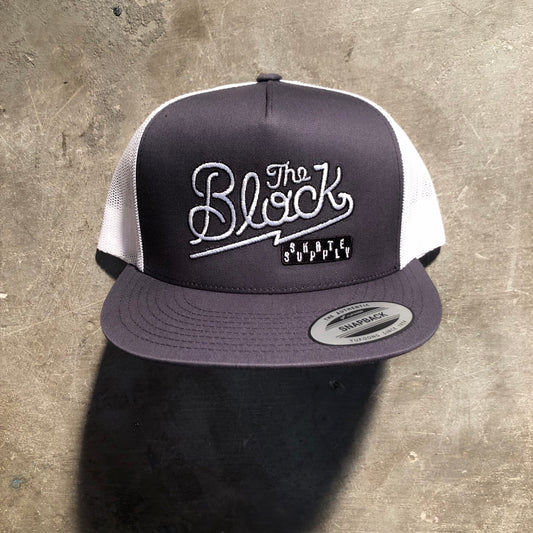 Block - Diner Logo Flat Bill Trucker Hat - Metal Grey / White