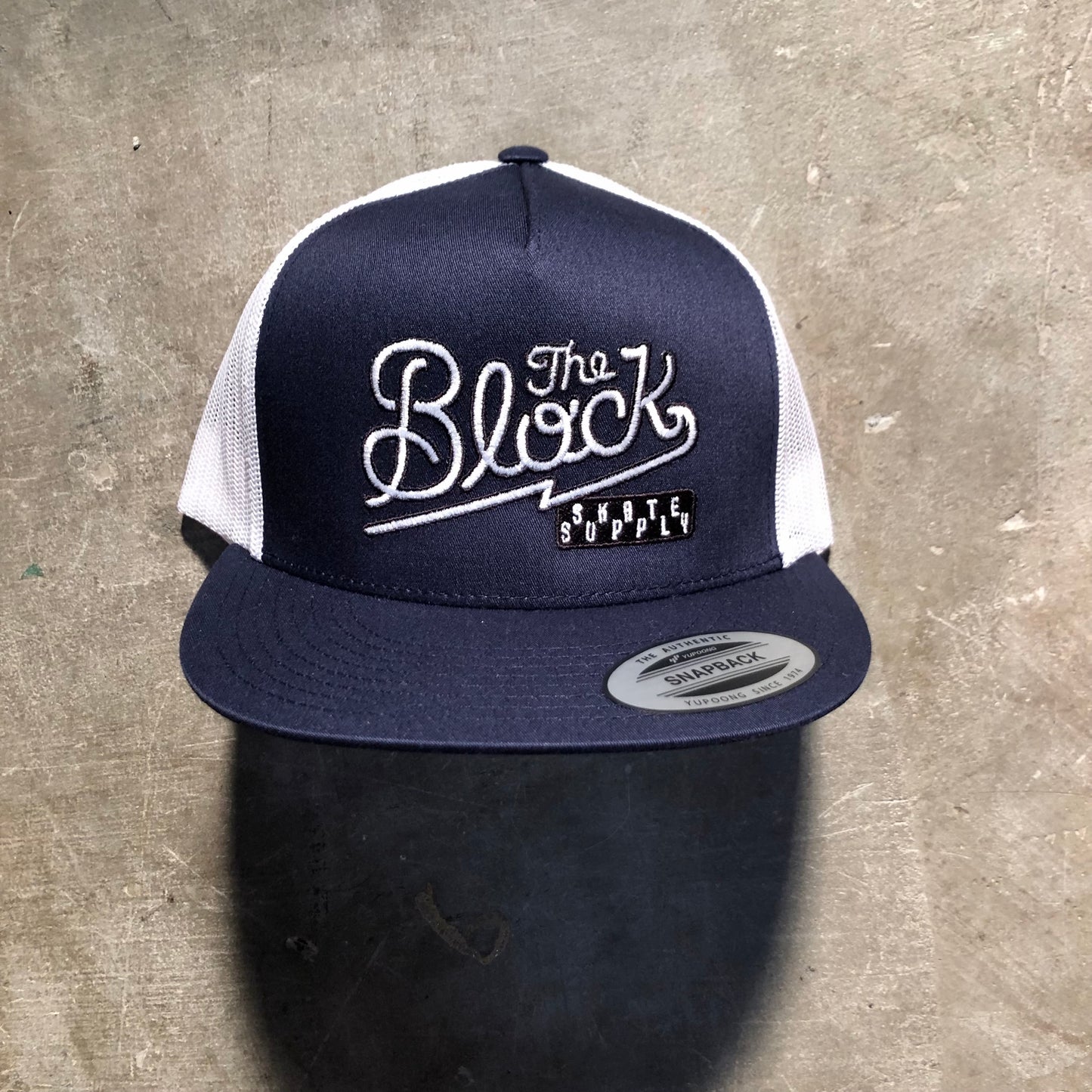 Block - Diner Logo Flat Bill Trucker Hat - Navy / White