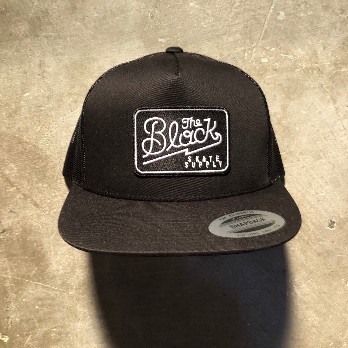 Block - Diner Logo Patch Flat Bill Trucker Hat - Black / Black