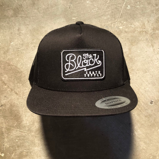 Block - Diner Logo Patch Flat Bill Trucker Hat - Black / Black