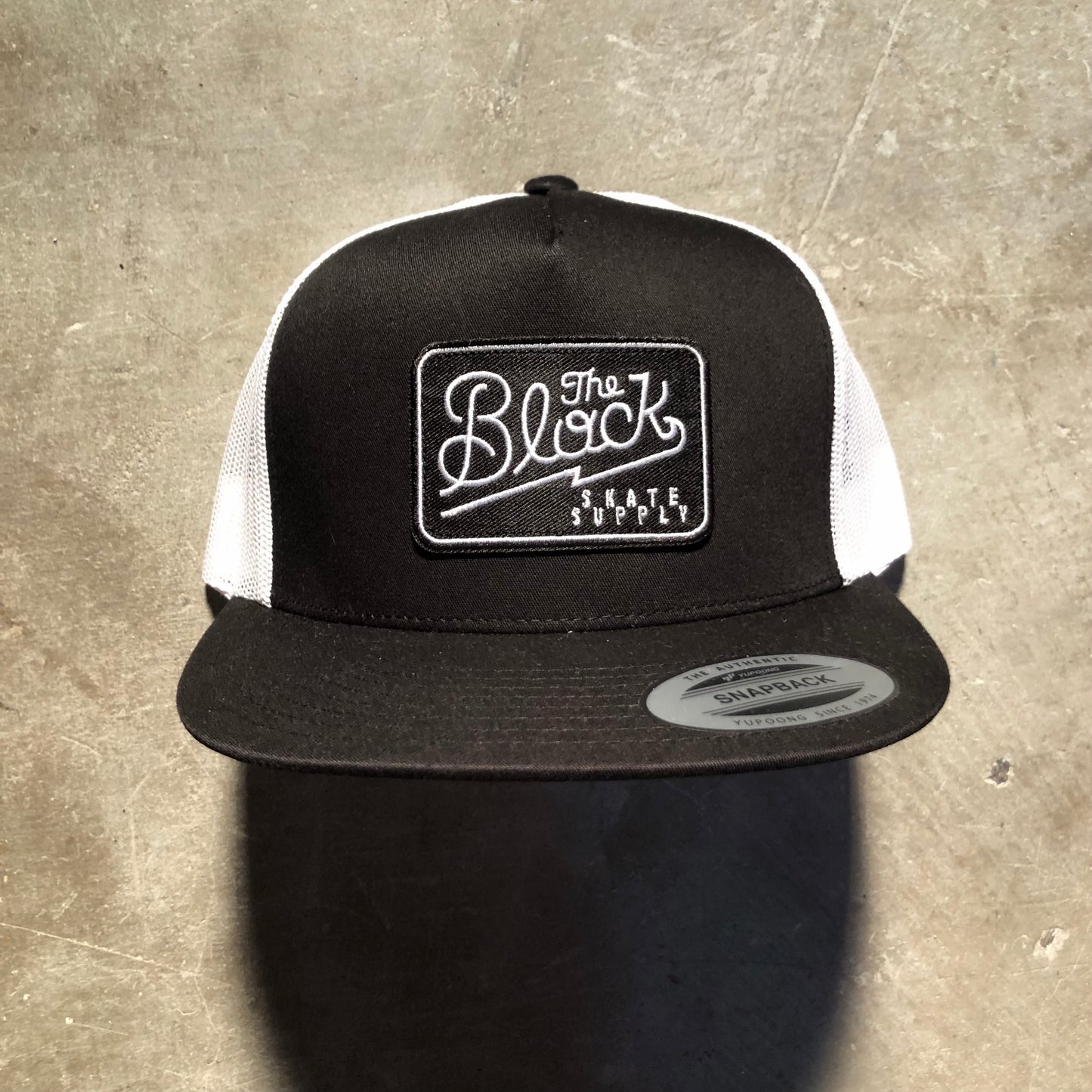 Block - Diner Logo Patch Flat Bill Trucker Hat - Black / White