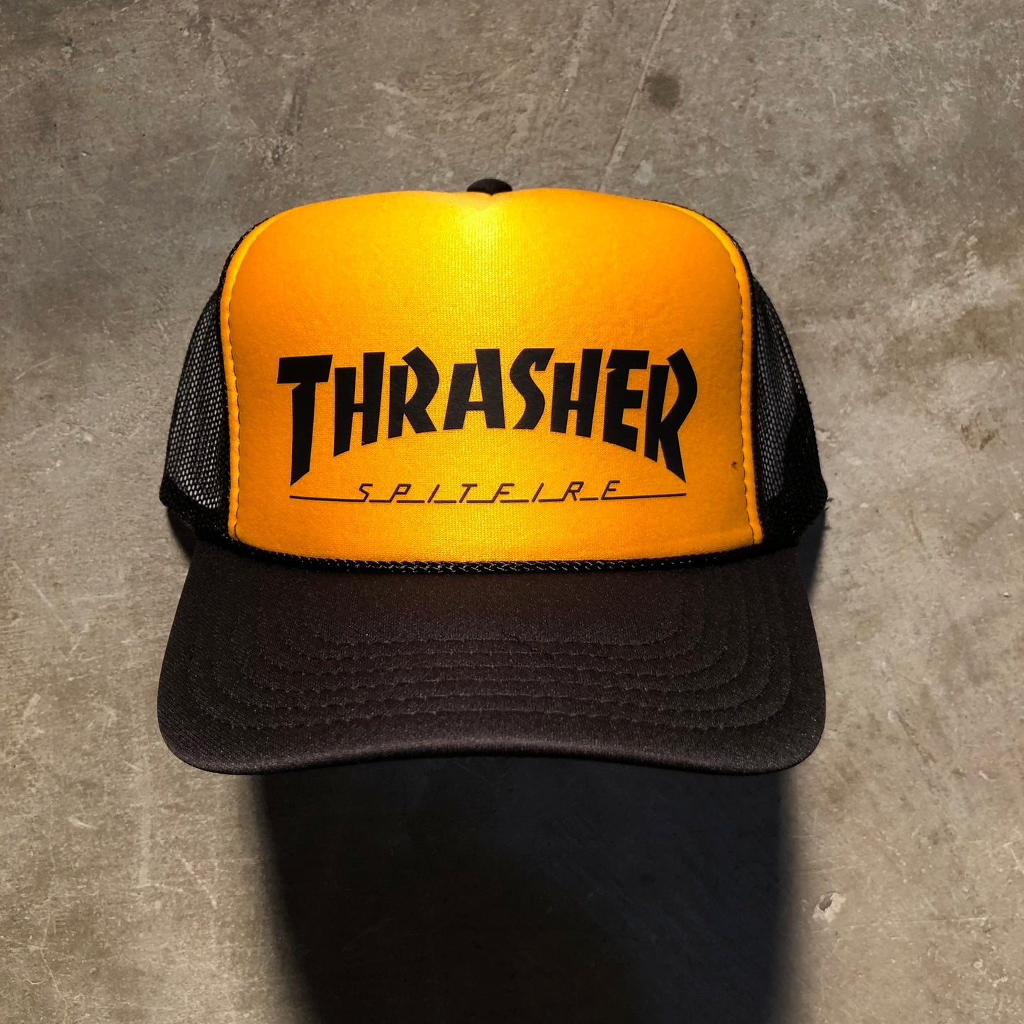 Thrasher x Spitfire - Mesh Trucker Snapback Hat - Black / Yellow