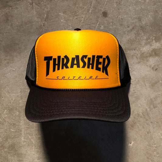 Thrasher x Spitfire - Mesh Trucker Snapback Hat - Black / Yellow