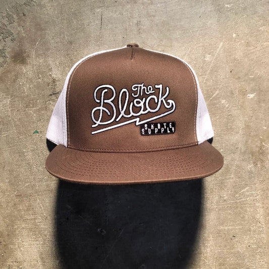 Block - Diner Logo Flat Bill Trucker Hat - Brown - White