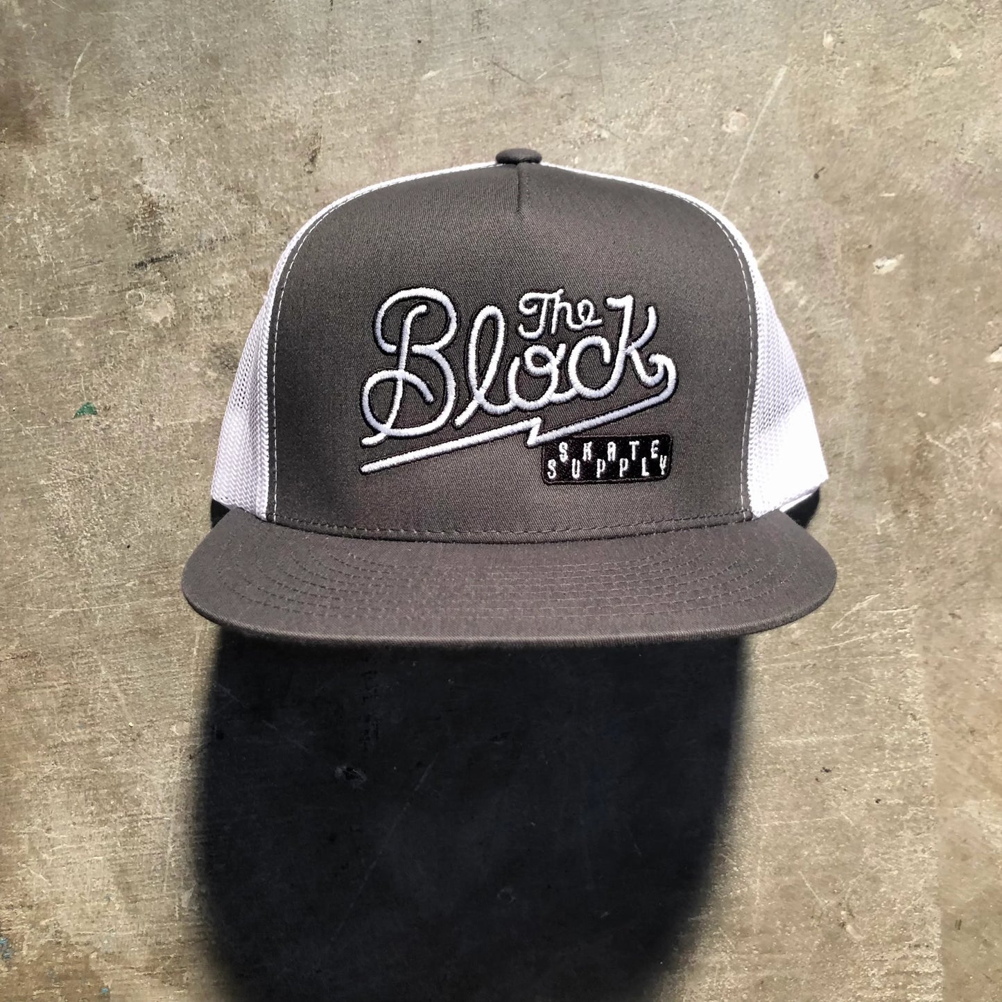 Block - Diner Logo Flat Bill Trucker Hat - Charcoal - White