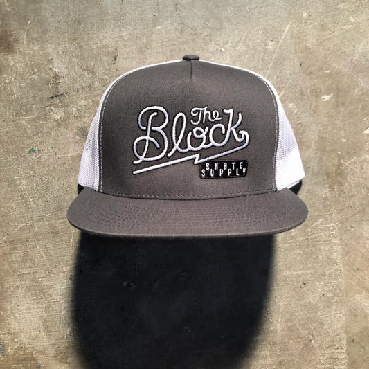 Block - Diner Logo Flat Bill Trucker Hat - Charcoal - White