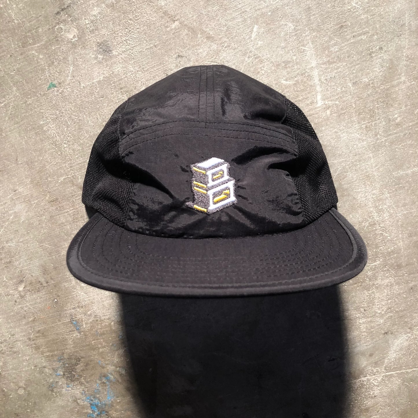 Block - Roots B Logo Nylon Five Panel Camp Hat Mesh Side Panel - Black